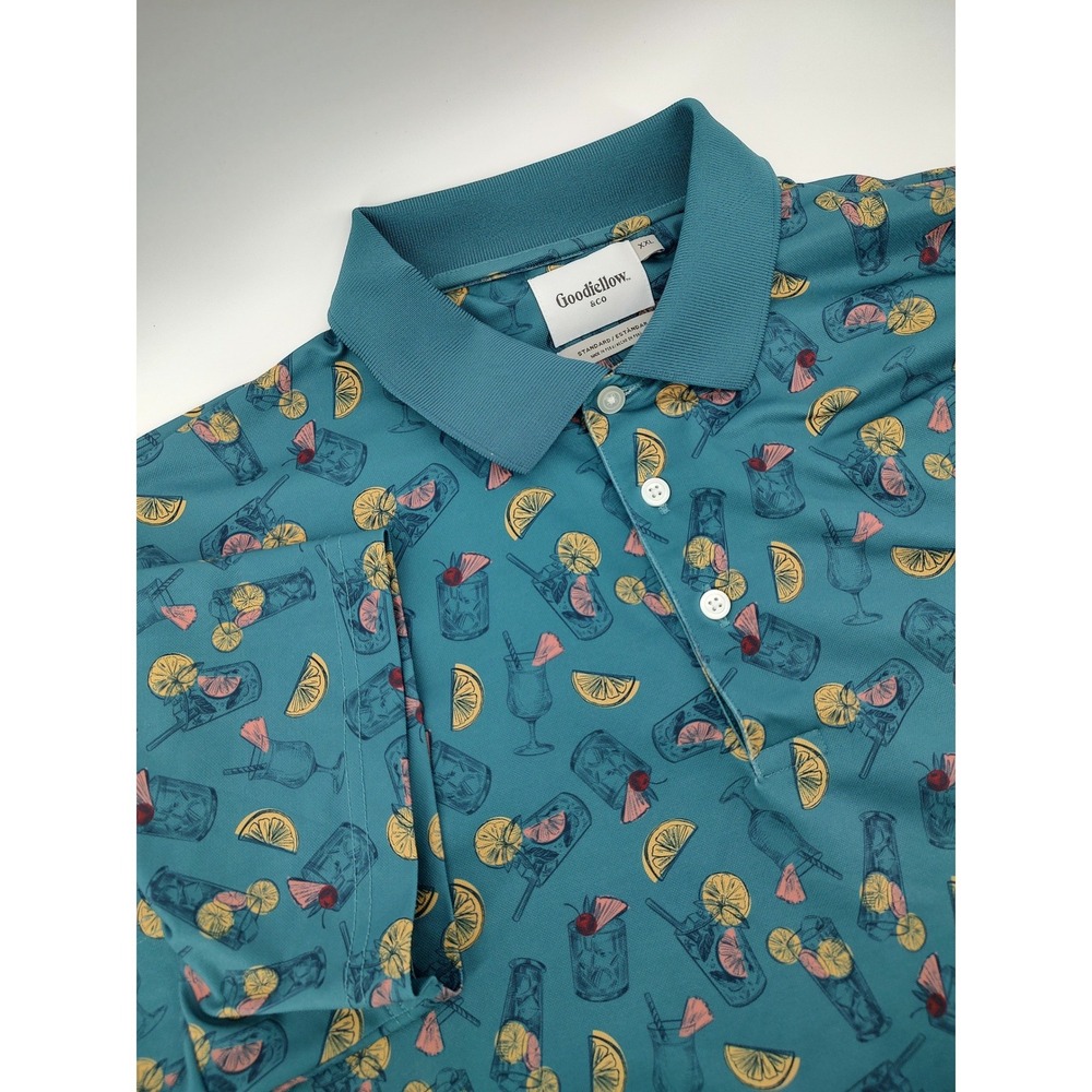 Goodfellow & Co Polo Shirt Mens XXL Teal Excellent Cocktail Print Short Sleeve